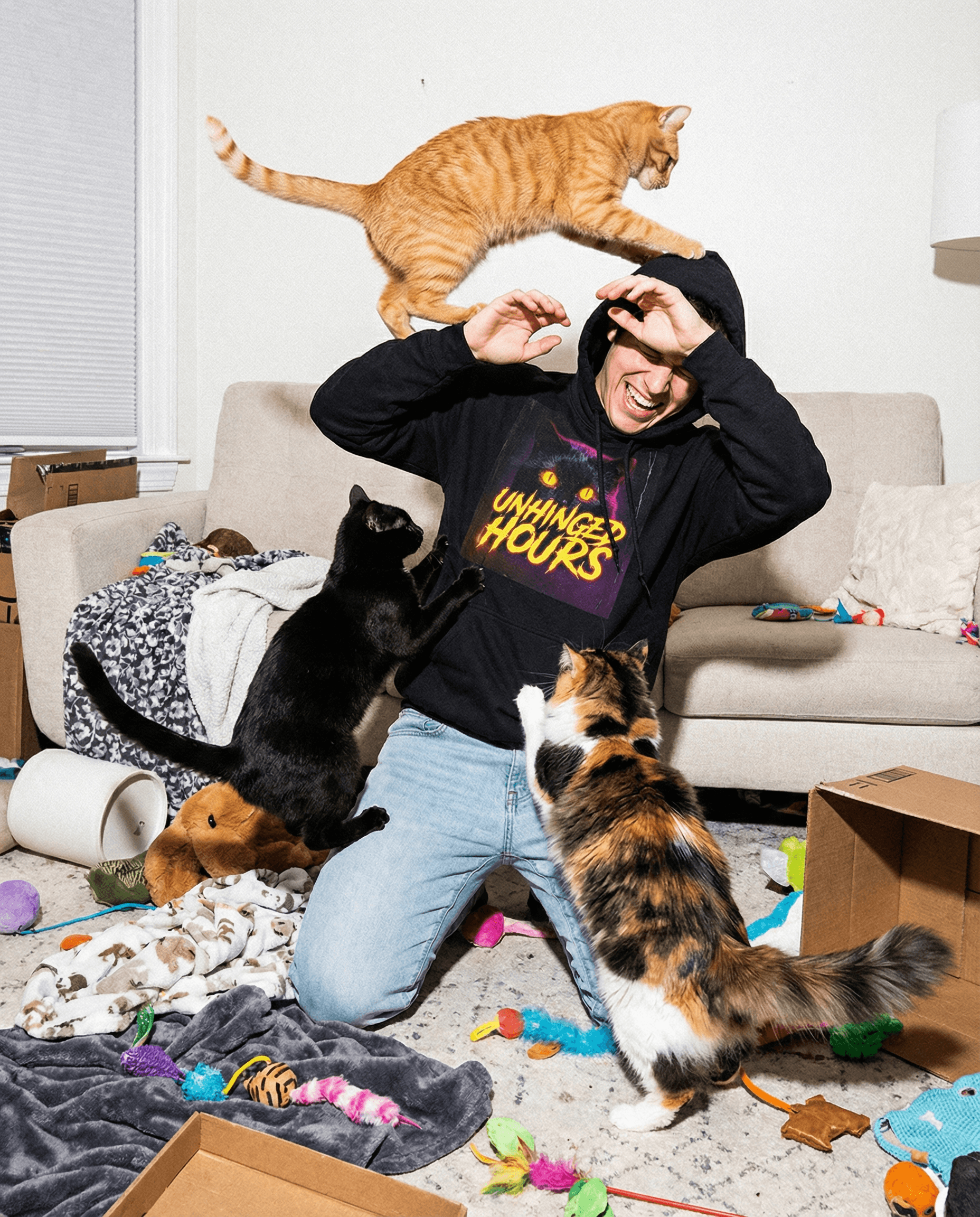 Unhinged Hours hoodie surrounded by cats